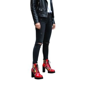Azalea Wang Red Comic Book Graffiti Patent Leather Block Heel Combat Boots 8.5